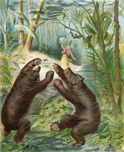 Le baron de Münchhausen lance sa hachette en argent sur les ours, des 